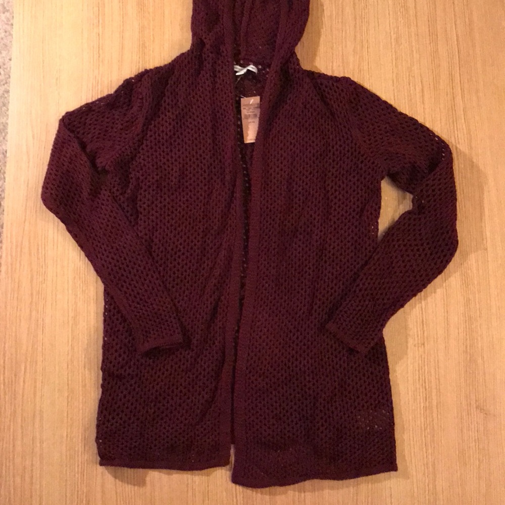 American Eagle Open Crochet Hooded Cardigan Maroon